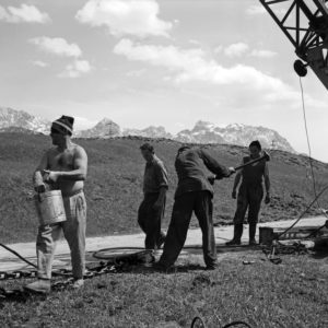 Daily work in a construction area, Germany 1950s. Daily work in a construction area, Germany 1950s.
